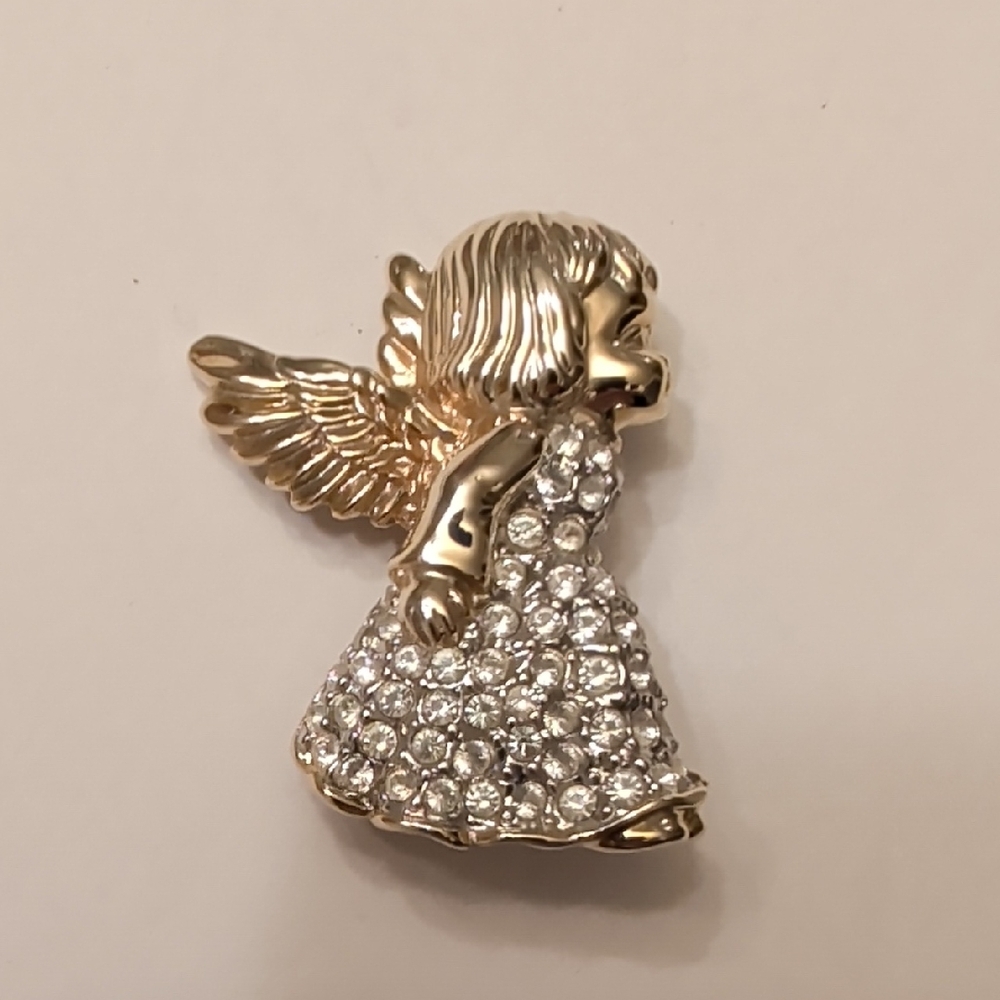 Gold Tone White Rhinestone Angel Brooch